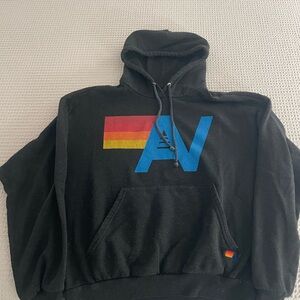 Aviator Nation Black Hoodie with Blue Logo and Multicolor Stripes